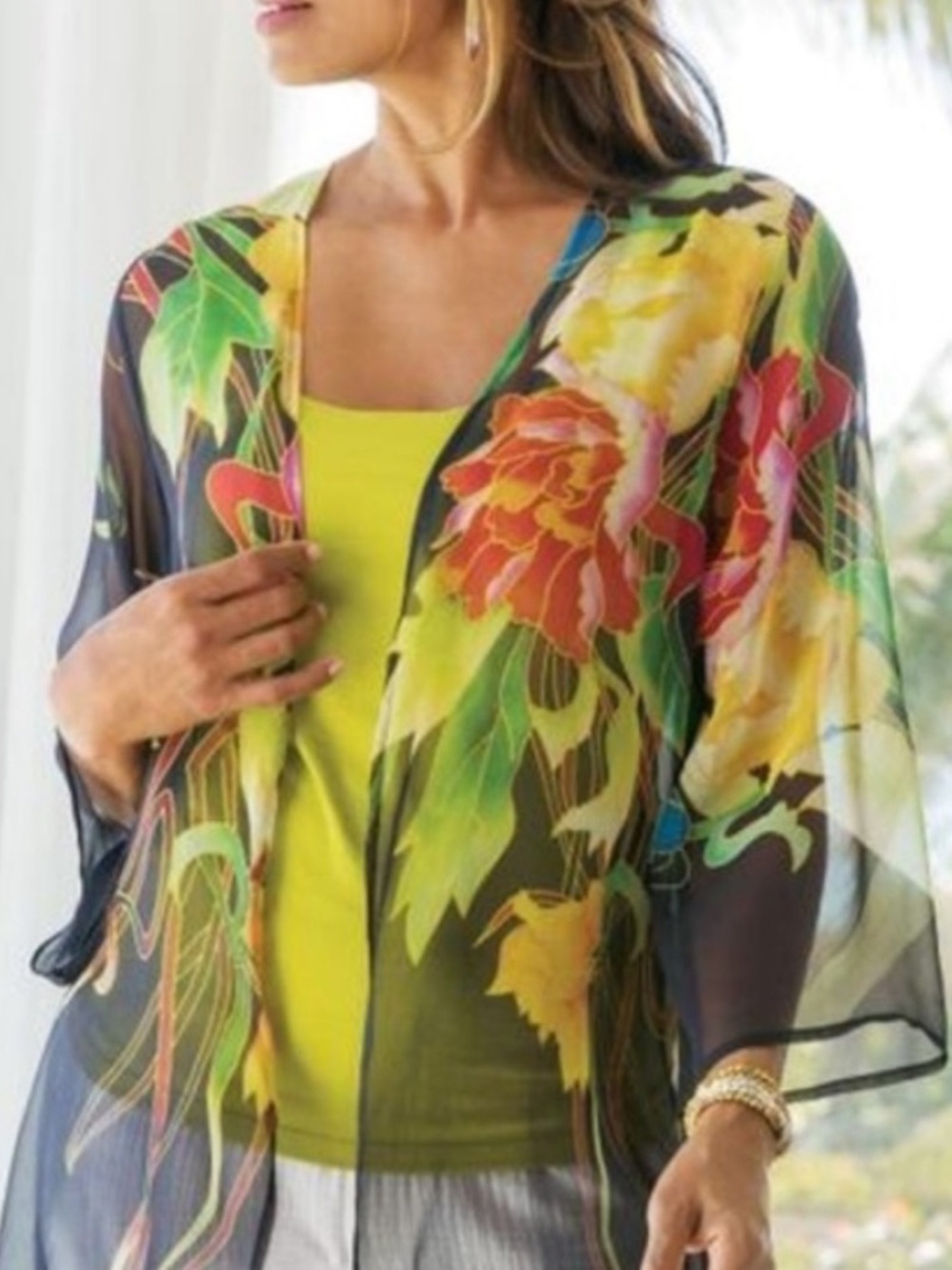 Soft Surroundings Silk Sheer Black Colorful Floral Kimono Cardigan. Size L/XL.